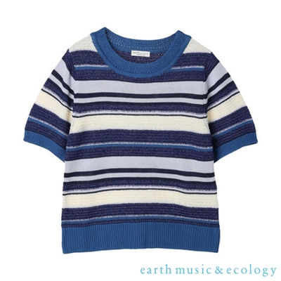 earth music 配色橫條紋圓領短袖針織衫