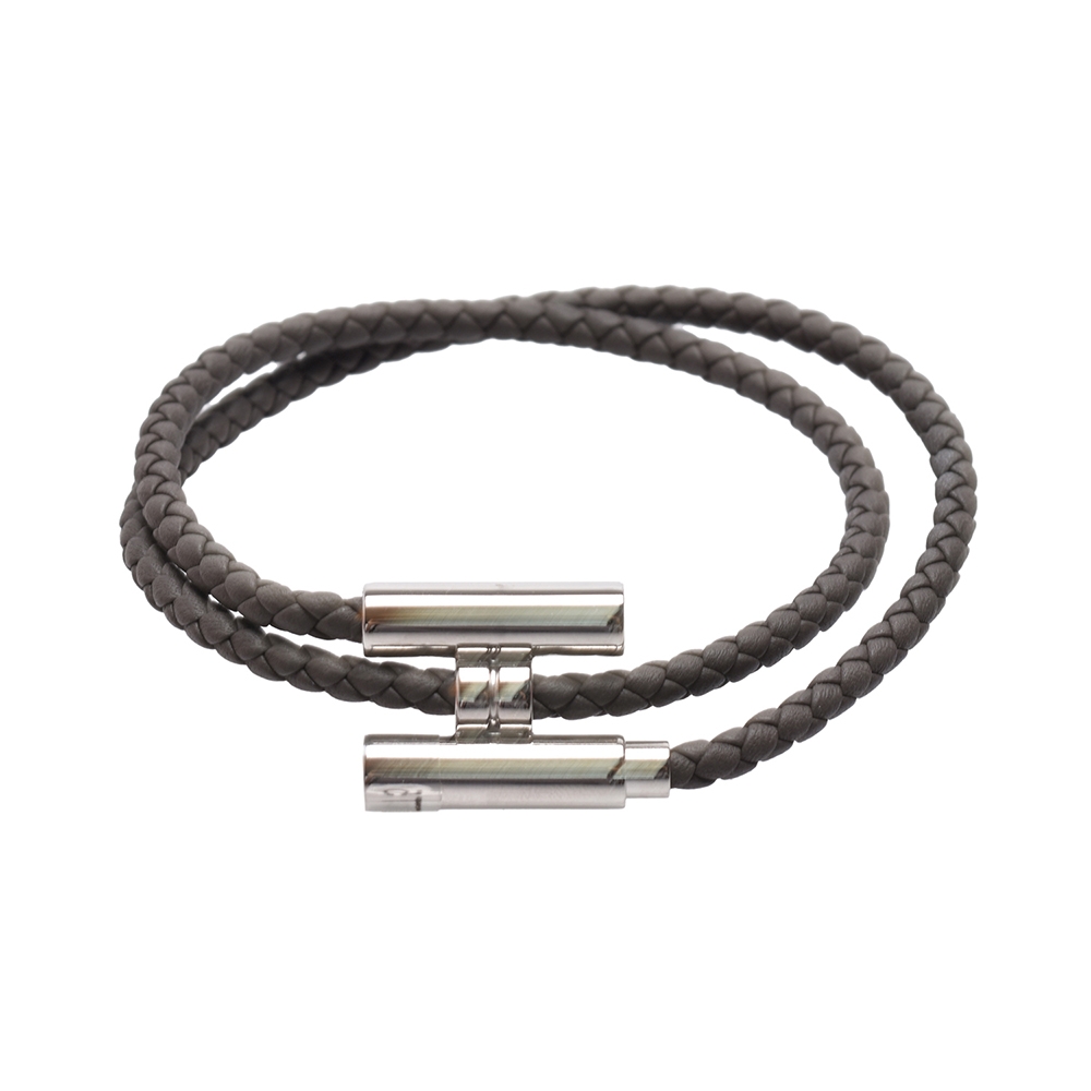 HERMES 經典Tournis Tresse bracelet H LOGO雙圈小牛皮細版手環(灰色)