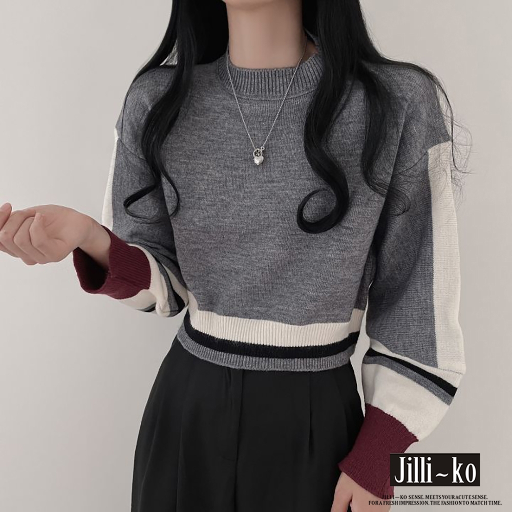 JILLI-KO 拼色短款套頭毛衣女圓領籠袖針織衫- 灰/白