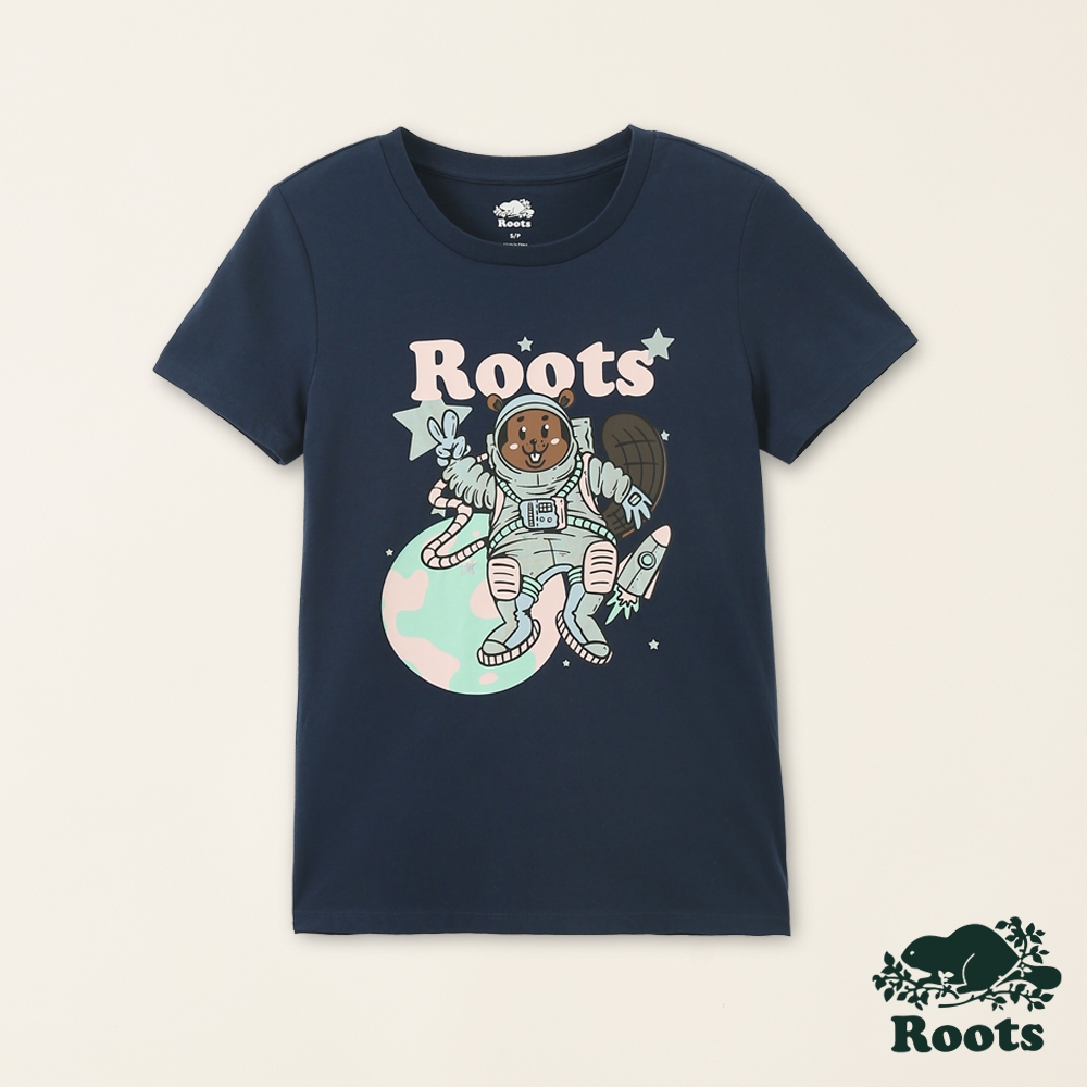 Roots女裝-星際遨遊系列 海狸太空人有機棉修身短袖T恤-深藍色