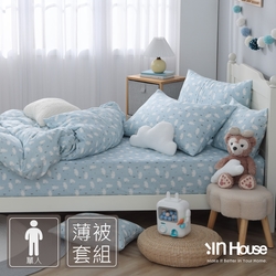 IN-HOUSE-白熊森林-100%純棉雙層紗薄被套床包組(藍-單人)