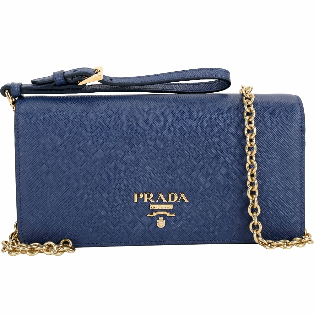 PRADA Saffiano 迷你款 金字浮刻防刮牛皮晚宴/手拿斜背包(藍色)