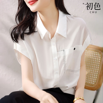 初色 休閒百搭純色線條裝飾涼爽翻領短袖上衣襯衫-白色-68089(M-2XL可選)