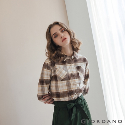 GIORDANO 女裝法蘭絨溫暖磨毛長袖襯衫-33 皎白/咖啡格紋