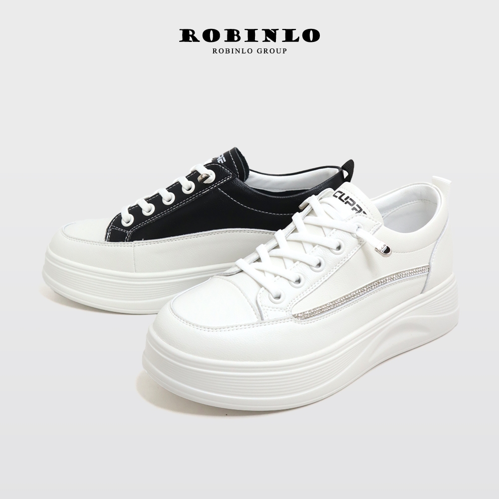 ROBINLO閃耀時尚波浪全真皮厚底小白鞋休閒鞋 勁酷黑/甜美白