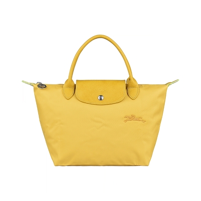 LONGCHAMP LE PLIAGE GREEN刺繡LOGO再生尼龍摺疊款短把拉鍊手提包(小/芥末黃x土黃)