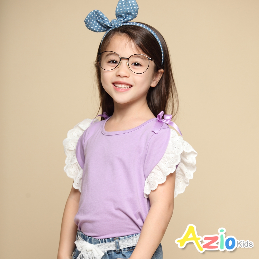 Azio Kids美國派 女童  上衣 肩蝴蝶結蕾絲荷葉短袖上衣(紫)