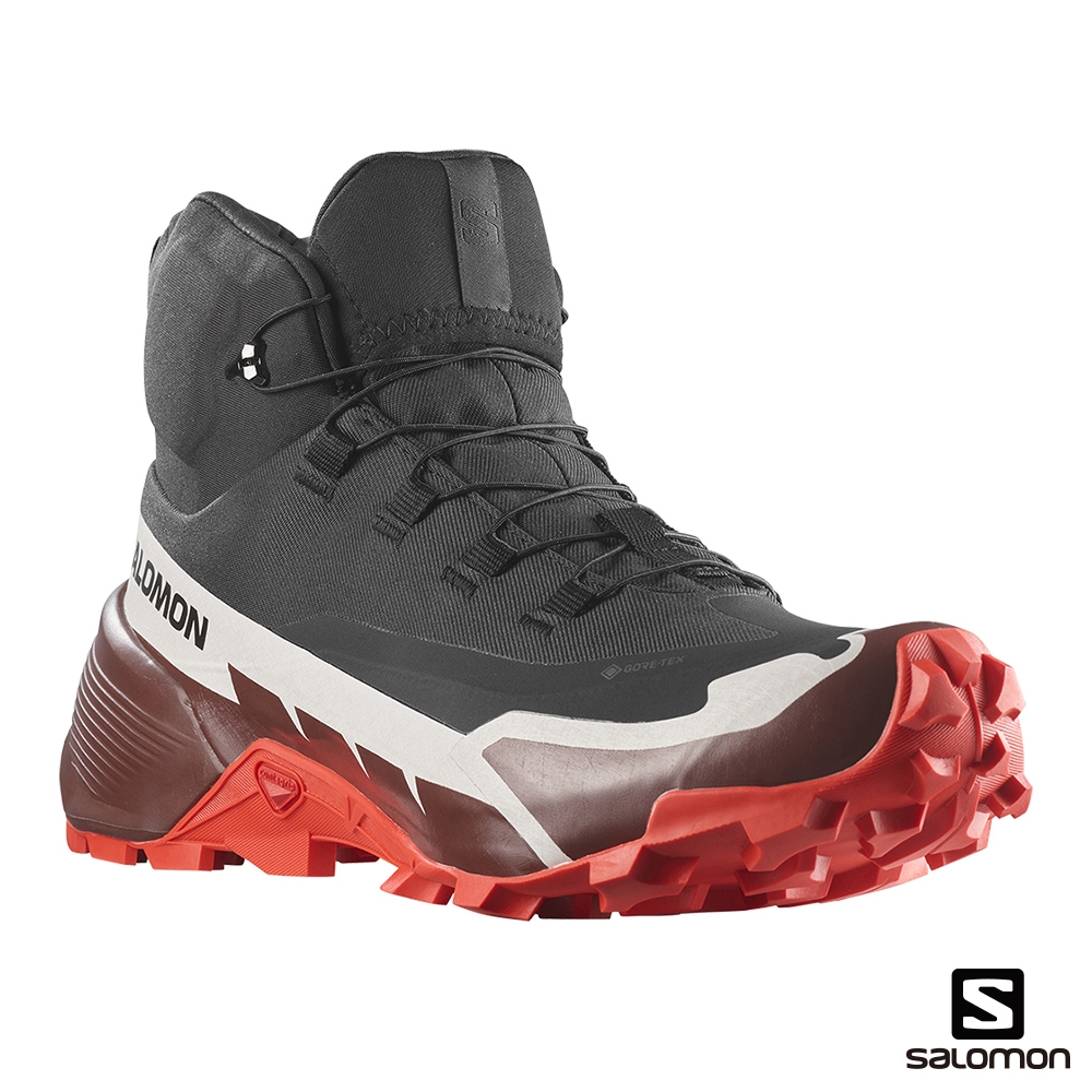 官方直營 Salomon 男 CROSS HIKE 2 Goretex 中筒登山鞋 黑/深褐紫/火炬紅