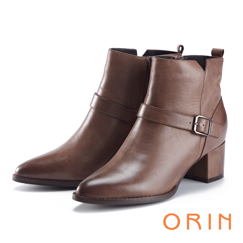 ORIN 皮帶方釦蠟染牛皮拉鍊粗跟 女 短靴 咖啡