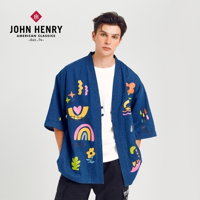 JOHN HENRY 日系和服抽象塗鴉丹寧外套-牛仔藍