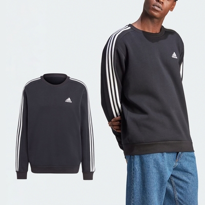 adidas 長袖 Essentials Fleece 男款 黑 白 三線 衛衣 寬版 大學T 愛迪達 IB4027