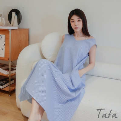 TATA V領直條紋無袖洋裝-F
