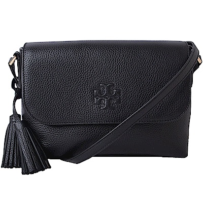 TORY BURCH THEA 流蘇裝飾荔枝紋經典LOGO斜背包-經典黑