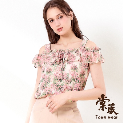 【TOWNWEAR棠葳】甜美花卉荷葉露肩上衣(中大尺碼/女上衣/女上著/短袖/輕薄/清涼/領結)