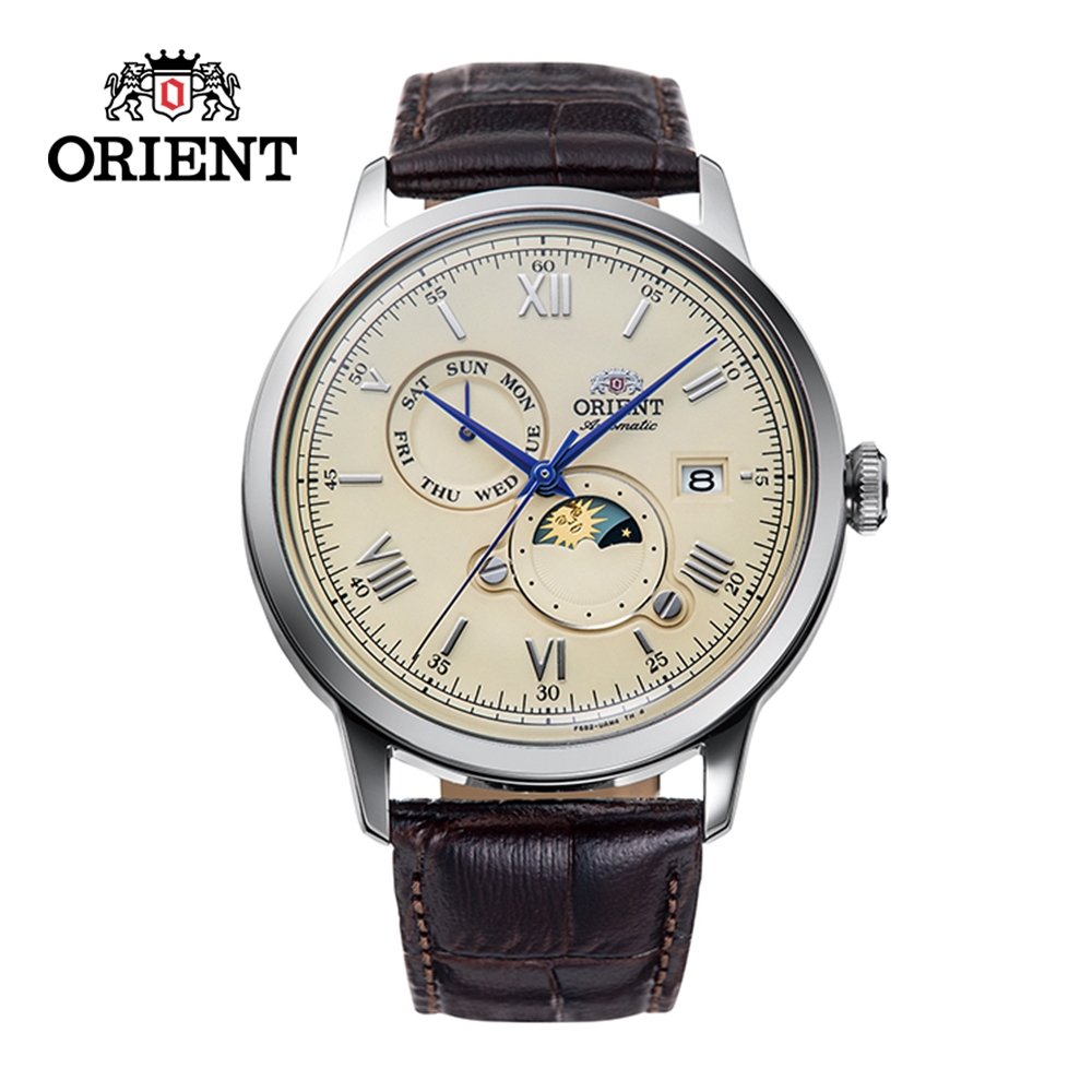 ORIENT 東方錶 SUN&MOON系列 羅馬數字日月相錶 皮帶款 RA-AK0803Y 米色