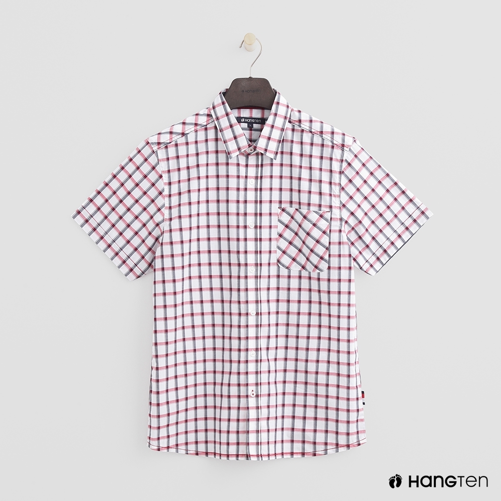 Hang Ten-男裝-簡約格紋棉質短袖襯衫-白