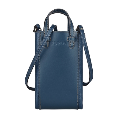 FURLA MIASTELLA壓印LOGO小牛皮垂直式手提斜背包(中/藍鳥)