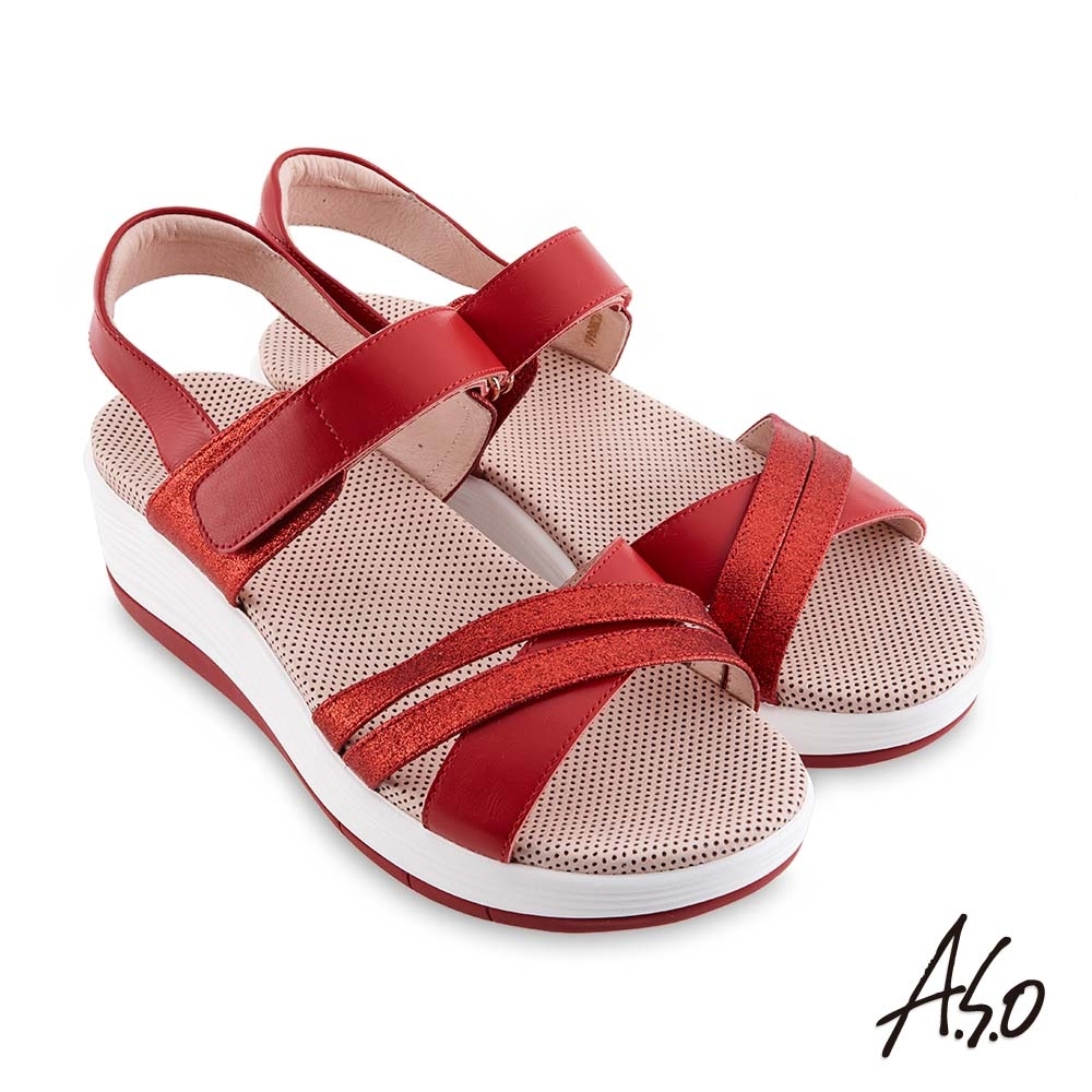 A.S.O 機能休閒 輕穩健康鞋金箔皮料條帶休閒涼鞋-桃粉紅