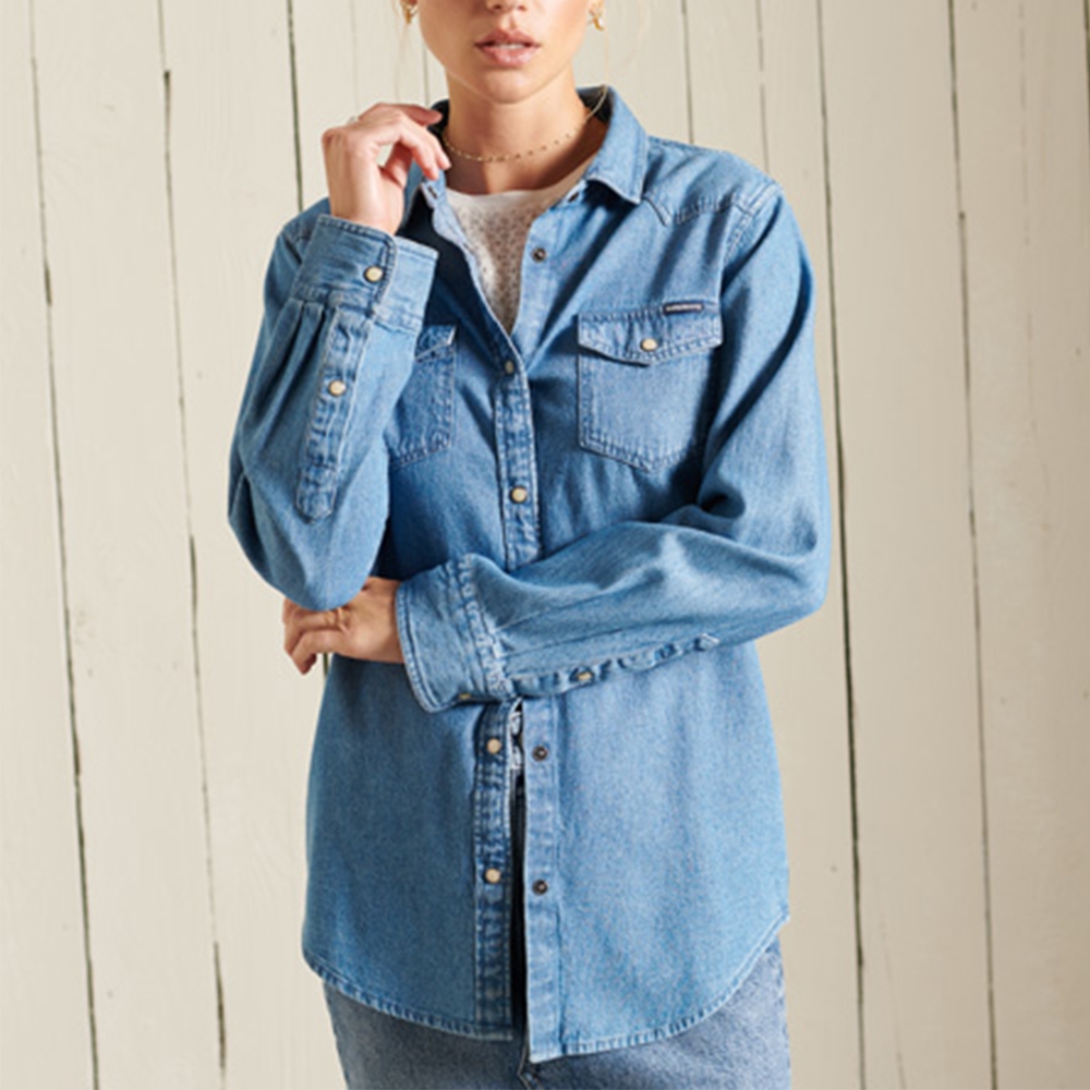 SUPERDRY 女裝 長袖襯衫 DENIM C WSTEN SHIRT 水洗藍