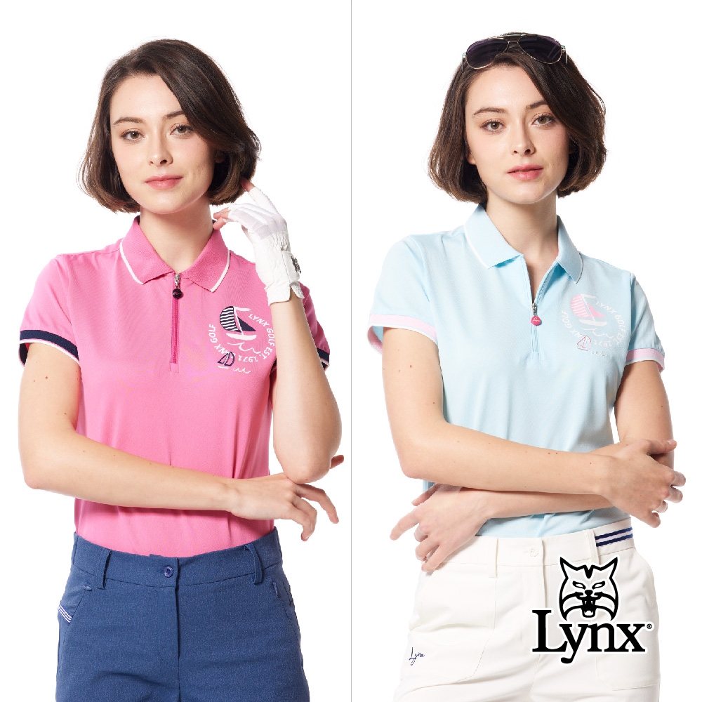 【Lynx Golf】女款吸排抗UV袖口剪接羅紋造型帆船繡花短袖立領POLO衫/高爾夫球衫(二色)