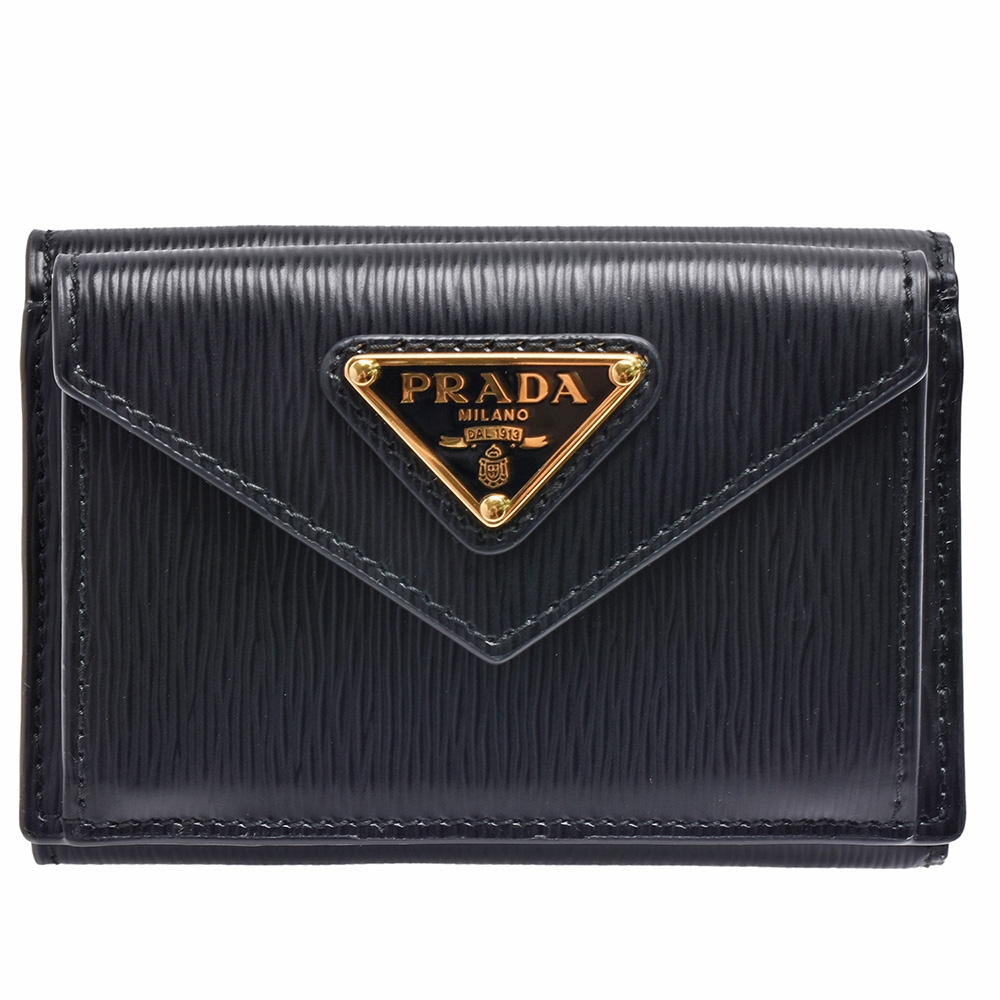 PRADA 經典三角LOGO水波直紋牛皮信封型暗釦三折短夾(黑)