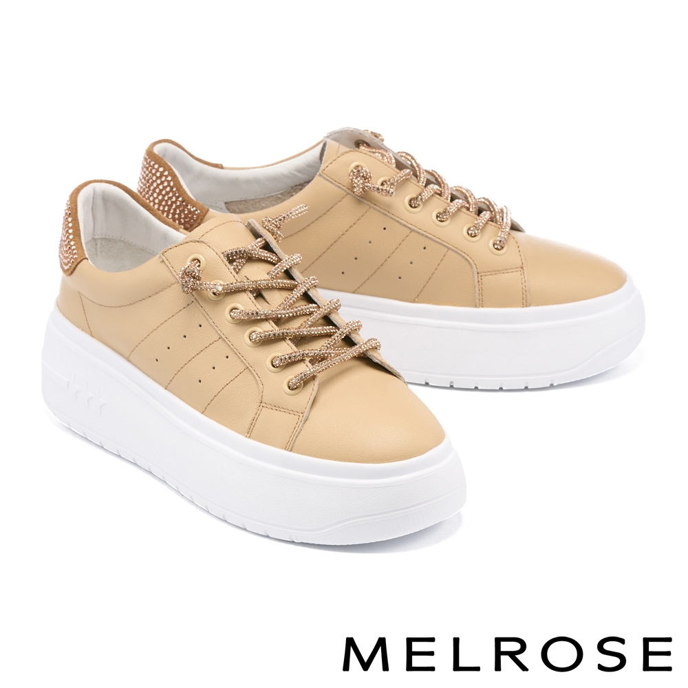 休閒鞋 MELROSE 低調奢華晶鑽造型綁帶厚底休閒鞋－米