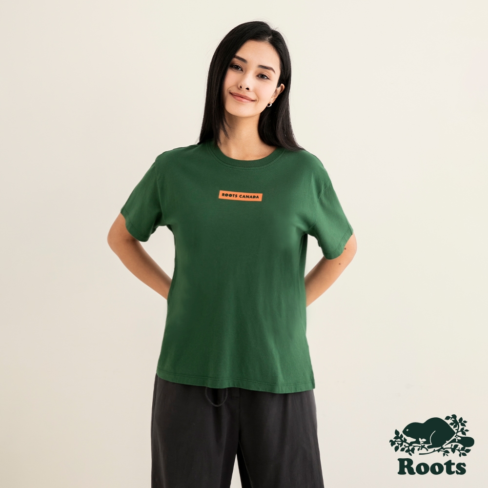 Roots 女裝- ROOTS BOX LOGO短袖T恤-深綠色