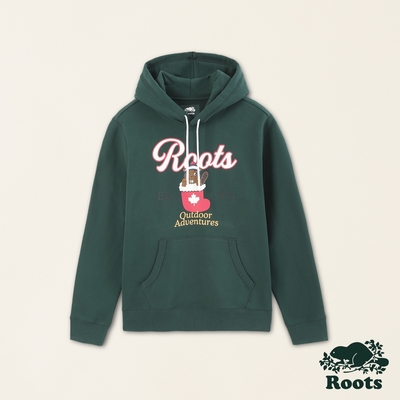 Roots 男裝- 戶外探險家系列 卡通海狸有機棉刷毛布連帽上衣-深綠色