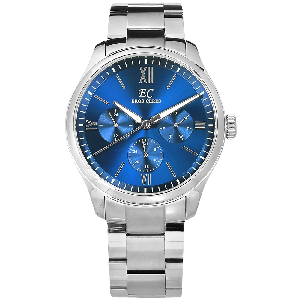 EROS CERES / 經典潮流 三眼三針 日期星期 日本機芯 不鏽鋼手錶-藍x銀/44mm