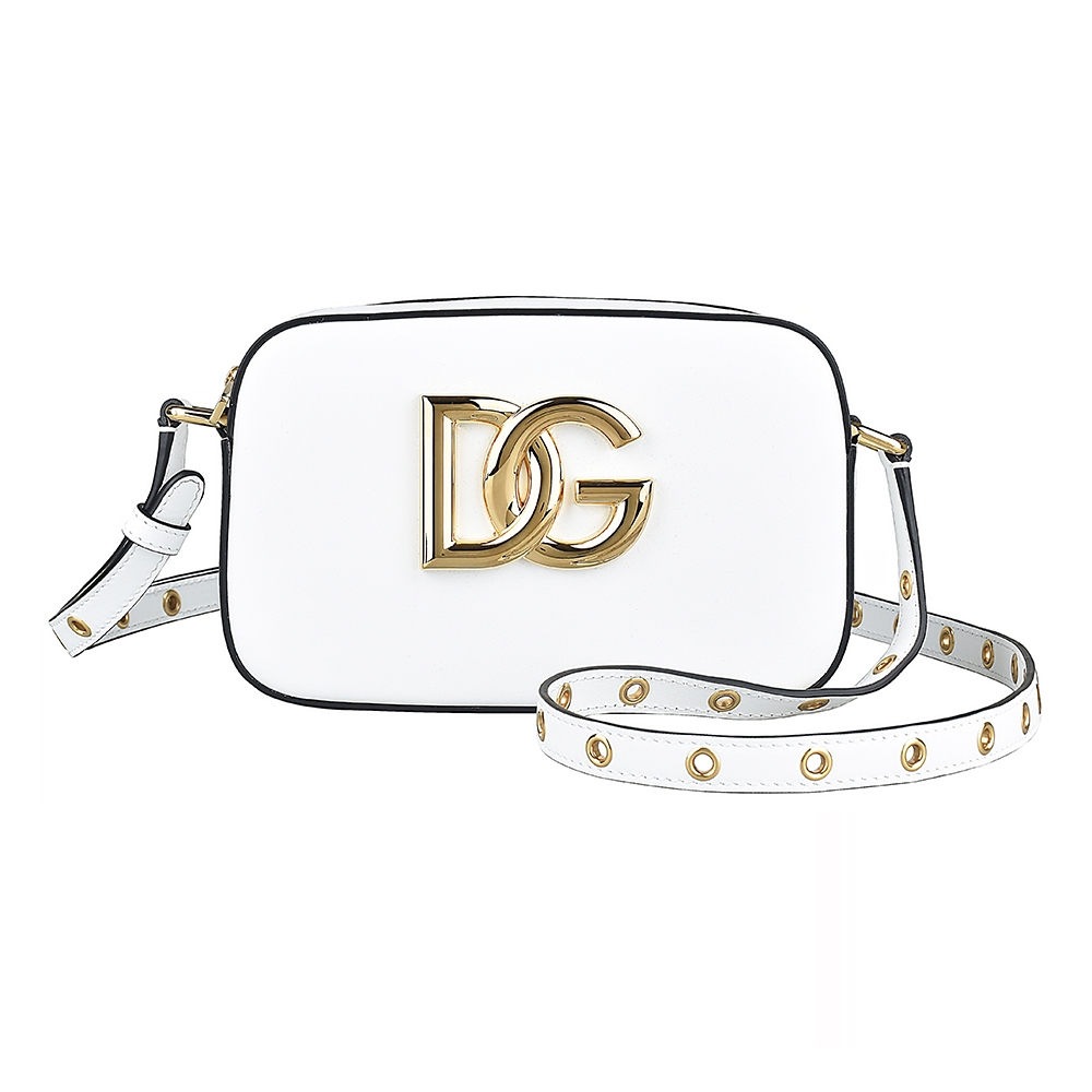 D&G DOLCE&GABBANA 3.5金字LOGO穿孔背帶設計小牛皮斜背相機包(白)