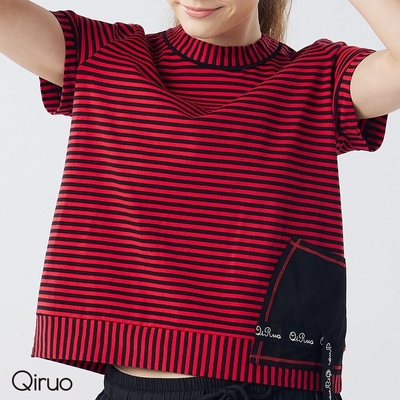 【Qiruo 奇若名品】專櫃紅黑線條短袖圓領造型T(黑色造型口袋女裝服飾上衣2107A)