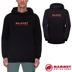 【MAMMUT 長毛象】男 Logo 輕量有機棉透氣保暖連帽長袖T恤.上衣_1014-04671-0052 黑/復刻橘