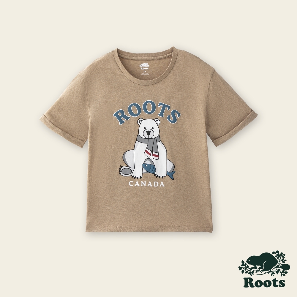 Roots女裝-動物派對系列 绒布動物純棉短袖T恤-腰果色