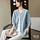 初色 純色寬鬆輕薄立領排釦五分袖短袖外套襯衫上衣女上衣-藍色-33463(M-2XL可選) product thumbnail 1