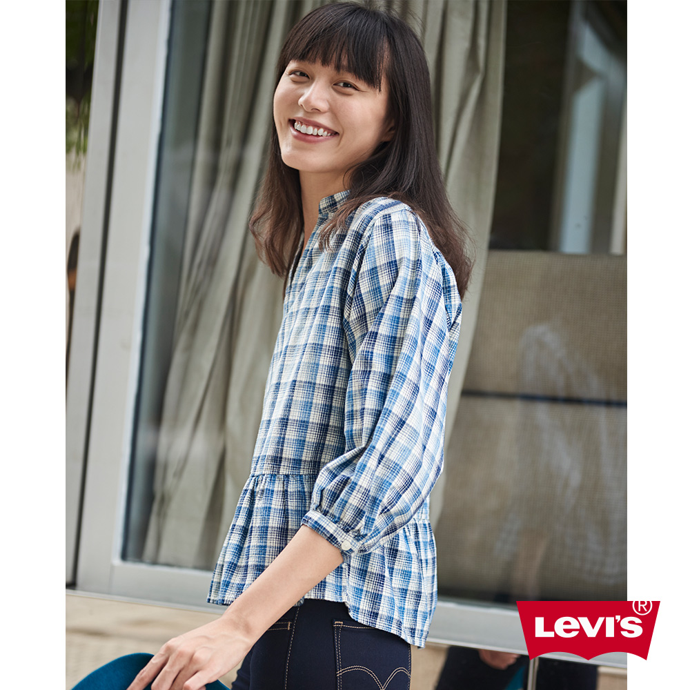 Levis 襯衫 女裝 短版7分袖 裙式下擺 袖口鬆緊帶 格紋