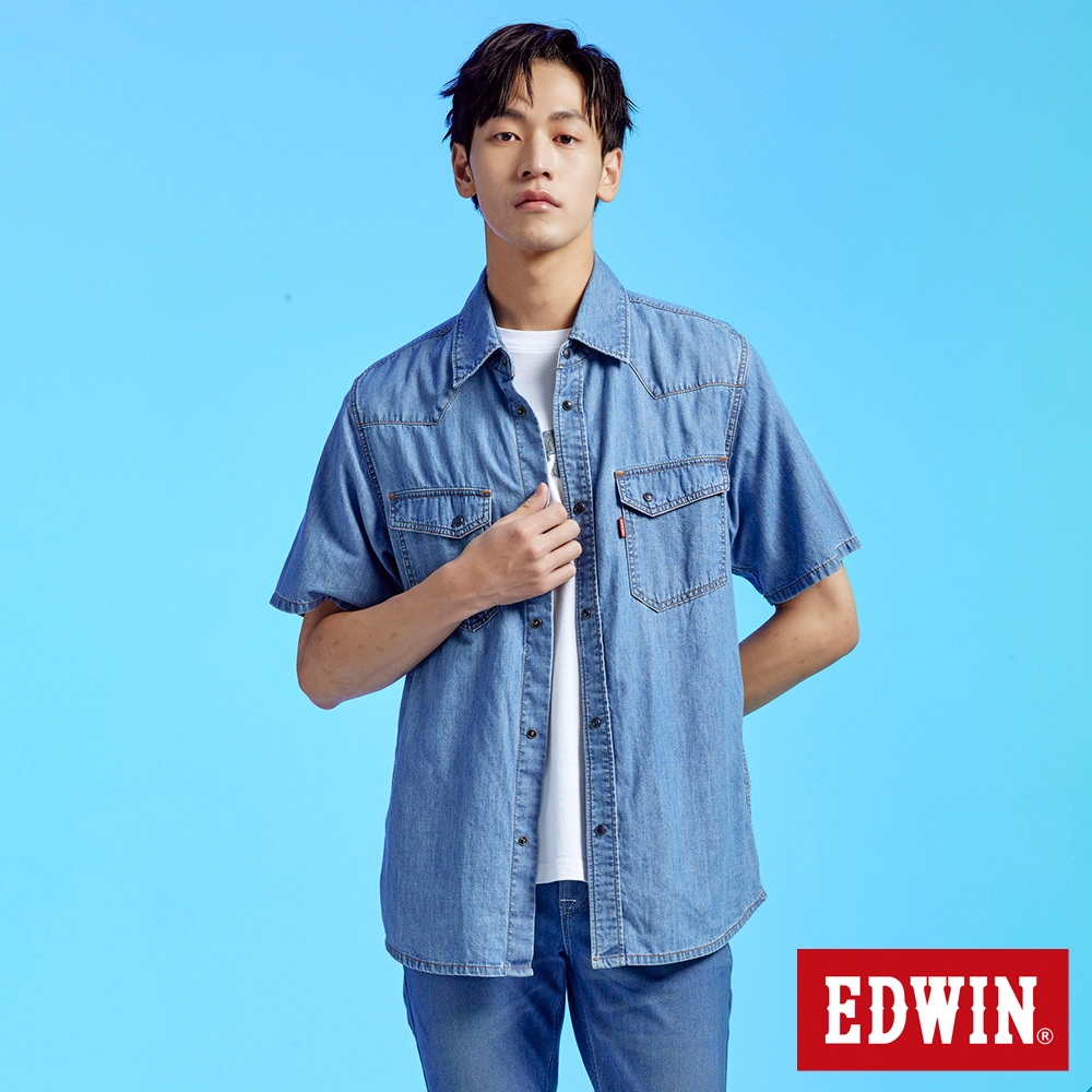 EDWIN 牛仔短袖襯衫-男-石洗藍