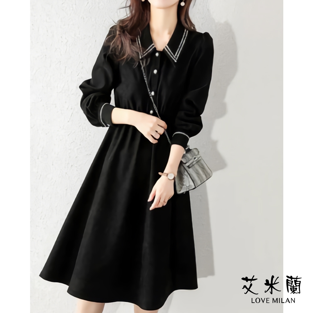 艾米蘭-甜美個性時尚翻領造型洋裝-黑色(M-XL)