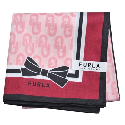 FURLA 經典品牌LOGO圖騰蝴蝶結花紋滾邊帕領巾(粉紅底黑邊)