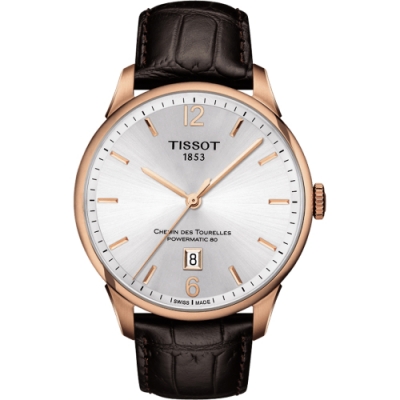 TISSOT 天梭 官方授權 杜魯爾系列機械動力80腕錶 送禮首選-銀x玫瑰金框/42mm T0994073603700