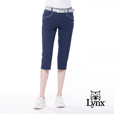 【Lynx Golf】女款日本布料吸汗速乾舒適配色口袋褲腳開衩窄管七分褲-深藍色