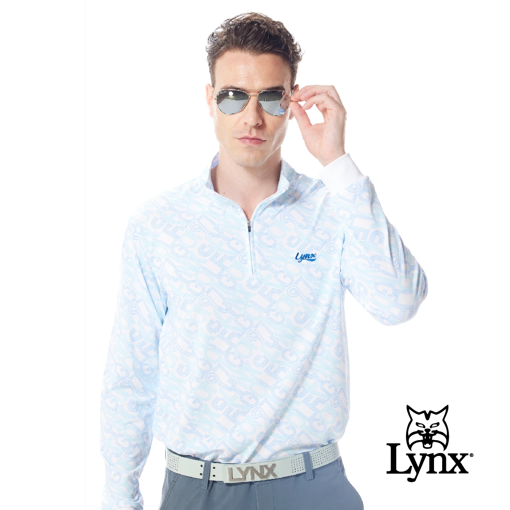 【Lynx Golf】男款吸濕排汗滿版LYNX字樣線條組合印花長袖立領POLO衫/高爾夫球衫-水藍色