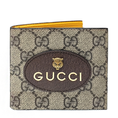 【GUCCI 古馳】473954 經典Neo Vintage系列GG Supreme虎頭造型內裡拚色對開短夾(棕色x黃)