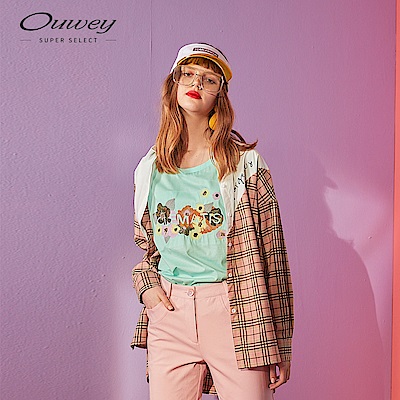 OUWEY歐薇 格紋拼接長版襯衫(粉/綠)