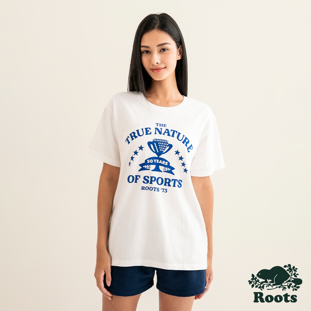 Roots女裝-復古翻玩系列 獎盃元素有機棉短袖T恤-白色