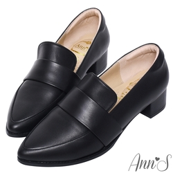 Ann’S時髦復古2.0-頂級綿羊皮韓系粗跟樂福休閒便鞋-黑