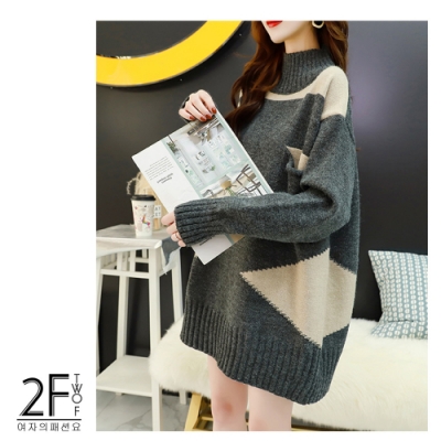 2F韓衣-高領拼接不規則造型長版毛衣-3色-F