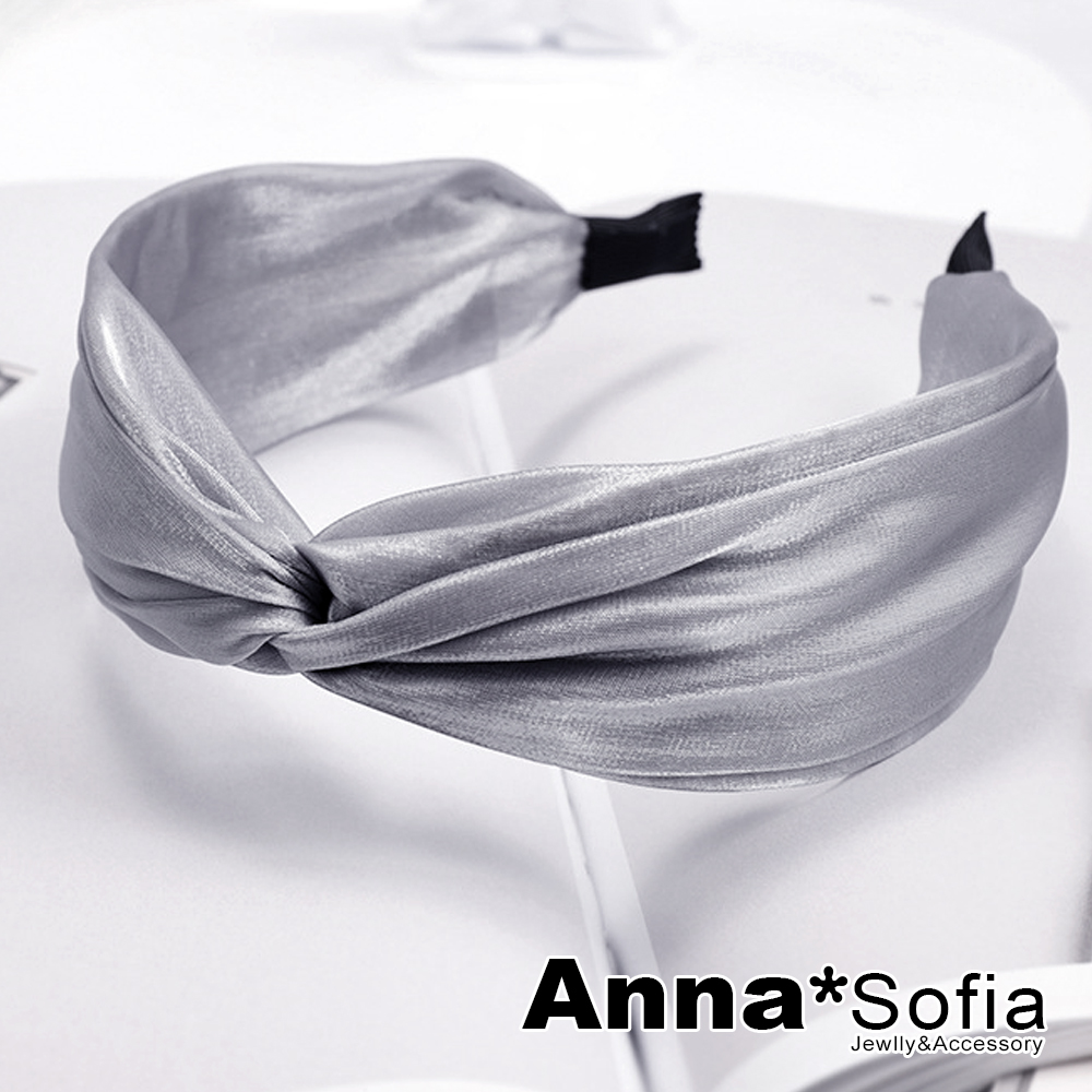 AnnaSofia 光感緞紗交叉結 韓式寬髮箍(藍灰系)
