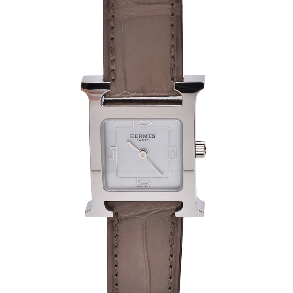 HERMES H PM系列鱷魚皮銀框白色錶盤石英女仕腕錶(棕色/15mm)