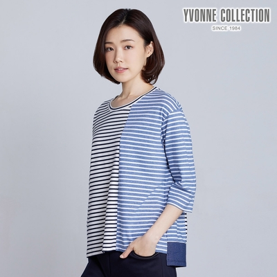 YVONNE 以旺傢飾 條紋拼接七分袖上衣-白