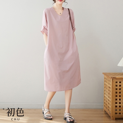 初色 寬鬆圓領休閒口袋設計五分短袖連身中長裙洋裝-淺粉色-68534(M-2XL可選)